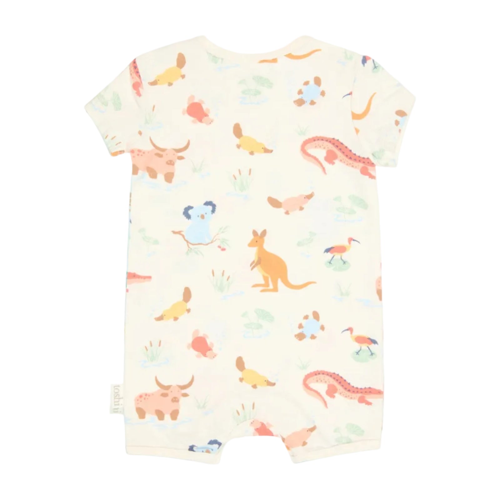 Baby onesie with colorfull cute cartoon aussie animal pattern on a white background