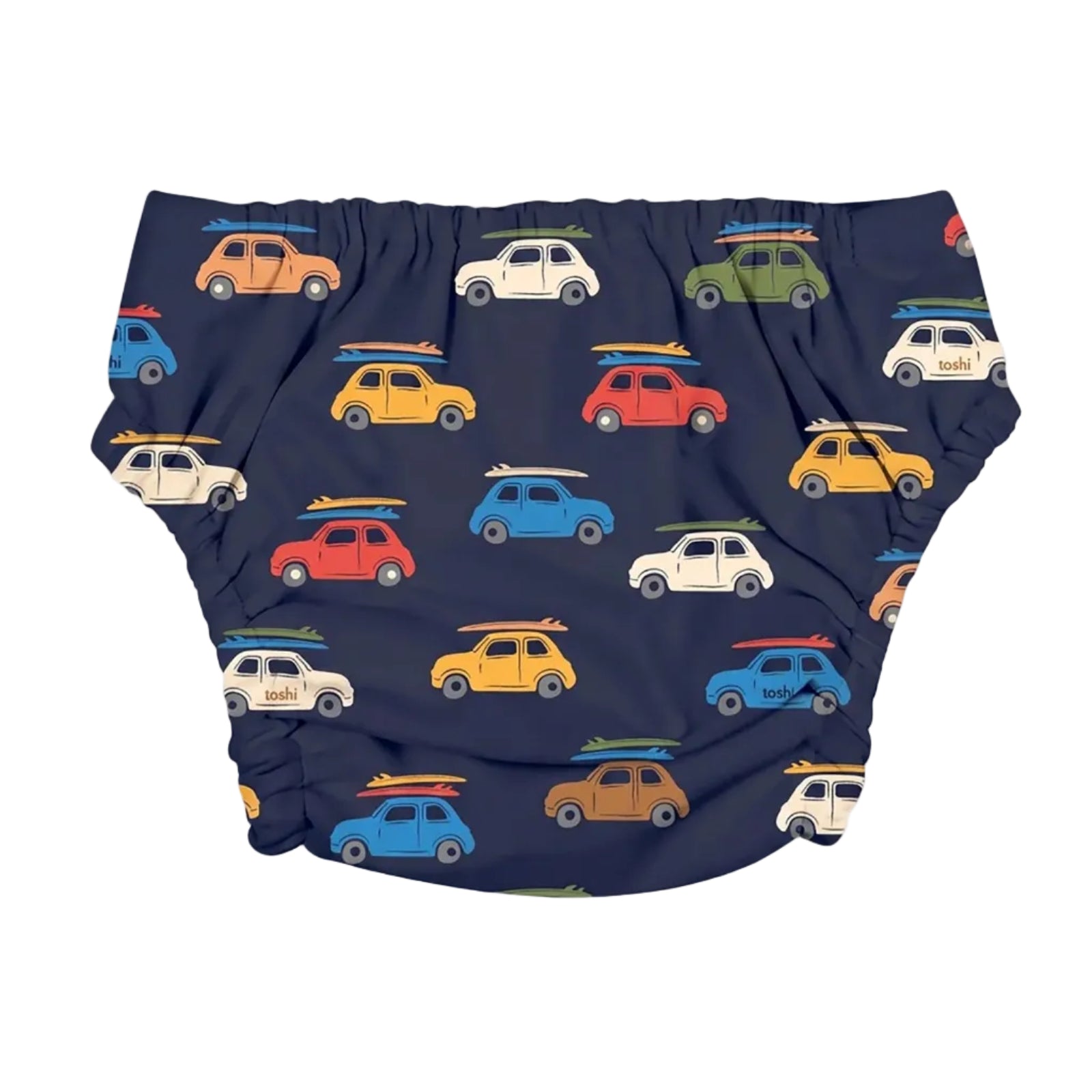 Navy blue swim nappy featuring a repeating pattern of retro cars with surfboards on top, shown against a white background.