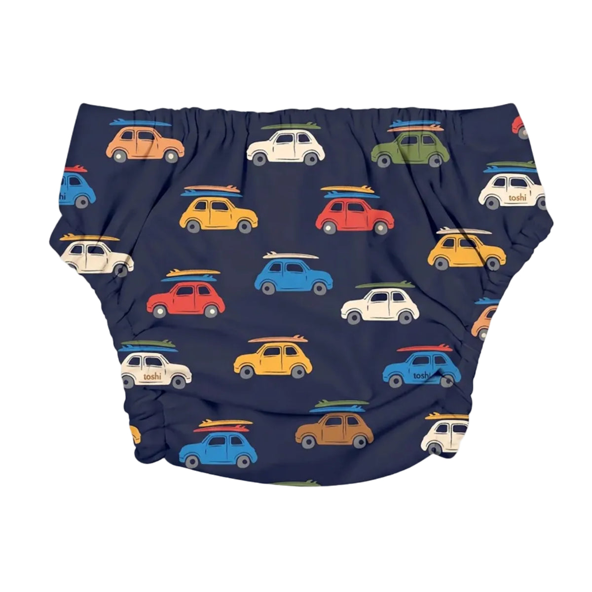Navy blue swim nappy featuring a repeating pattern of retro cars with surfboards on top, shown against a white background.