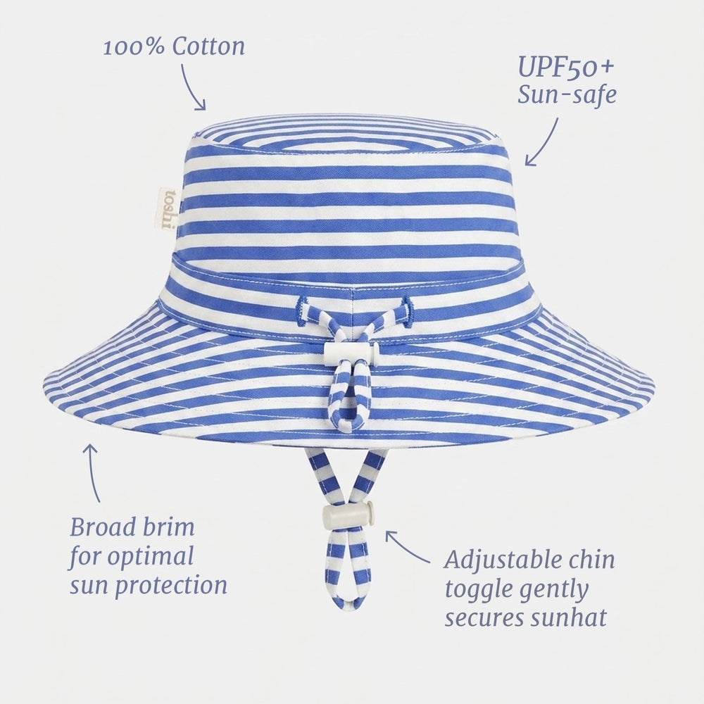 Blue and white striped cotton sun hat with a wide brim, chin tie, and text callouts highlighting features like UPF50+ sun protection and adjustable chin toggle.
