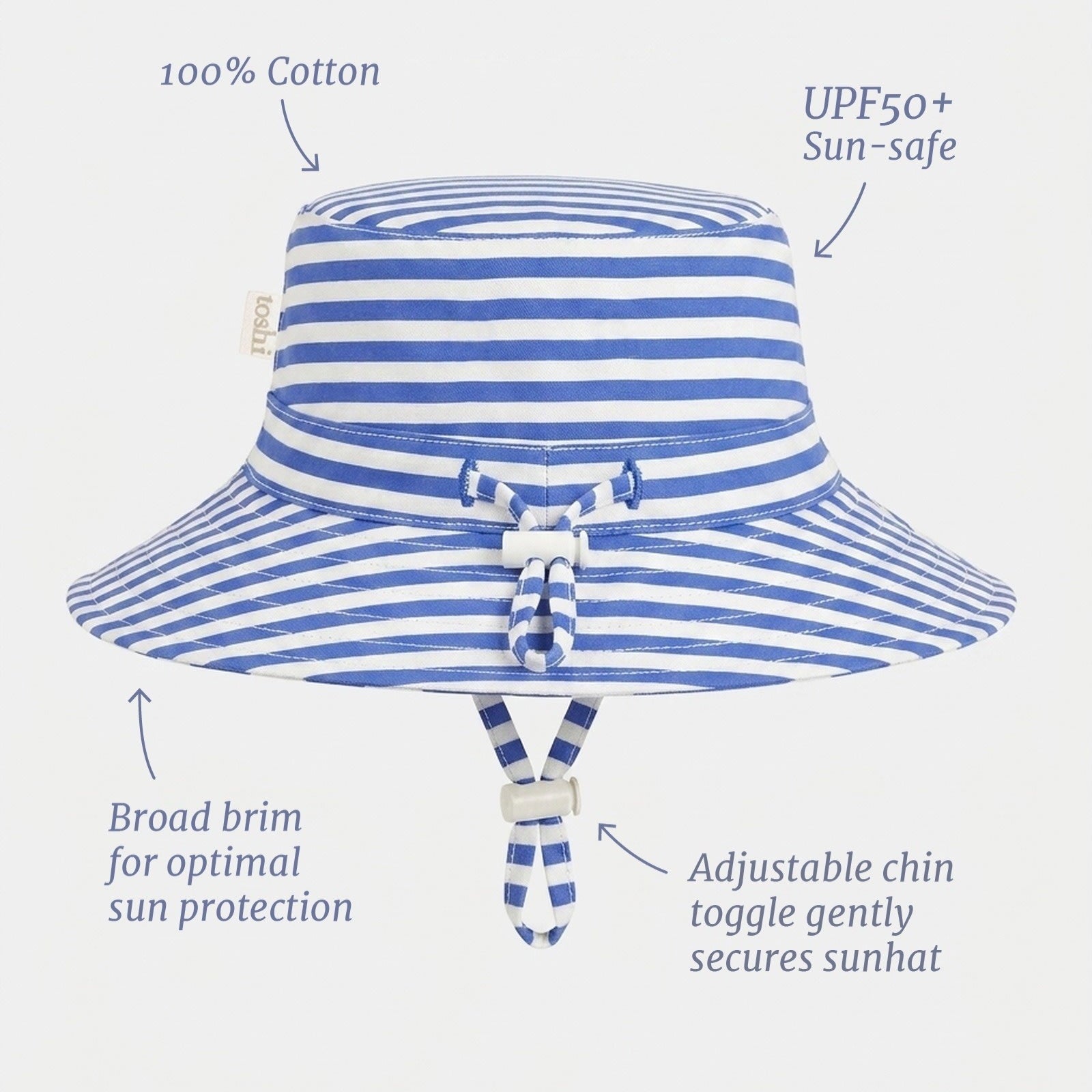 A blue and white striped kids sun hat with a wide brim, a matching tie detail on the front, and a chin strap, shown against a light gray background.