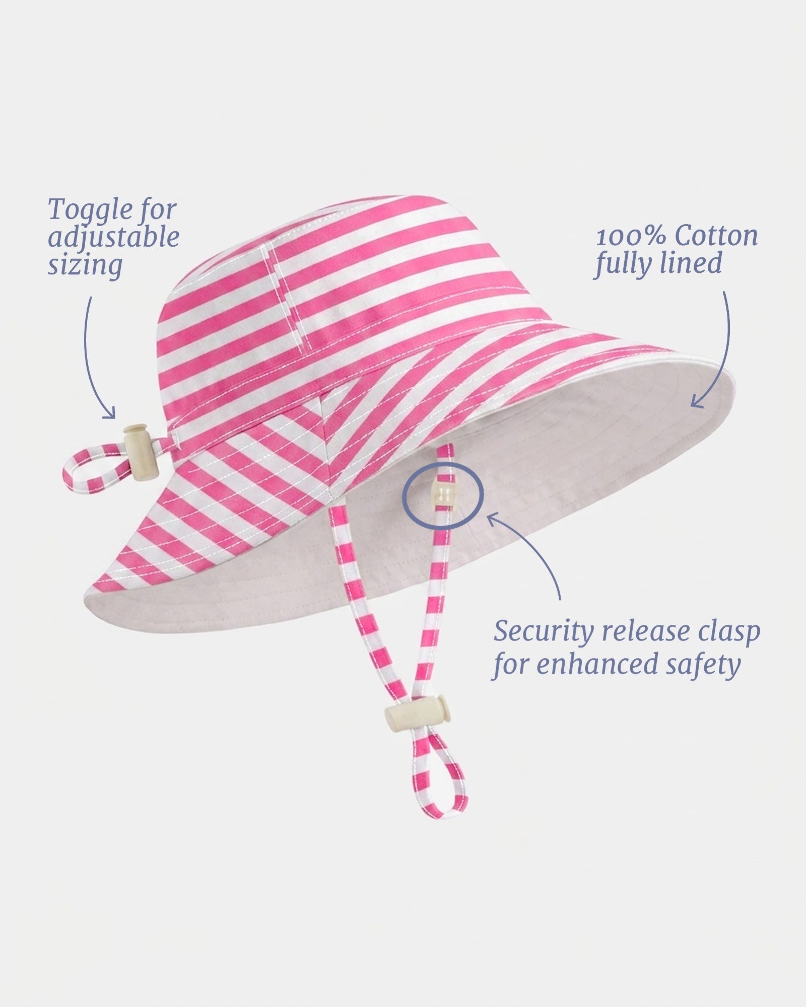 A pink and white striped kids 
bucket hat with a matching chin strap and a small bow detail on the front, shown against a light gray background.