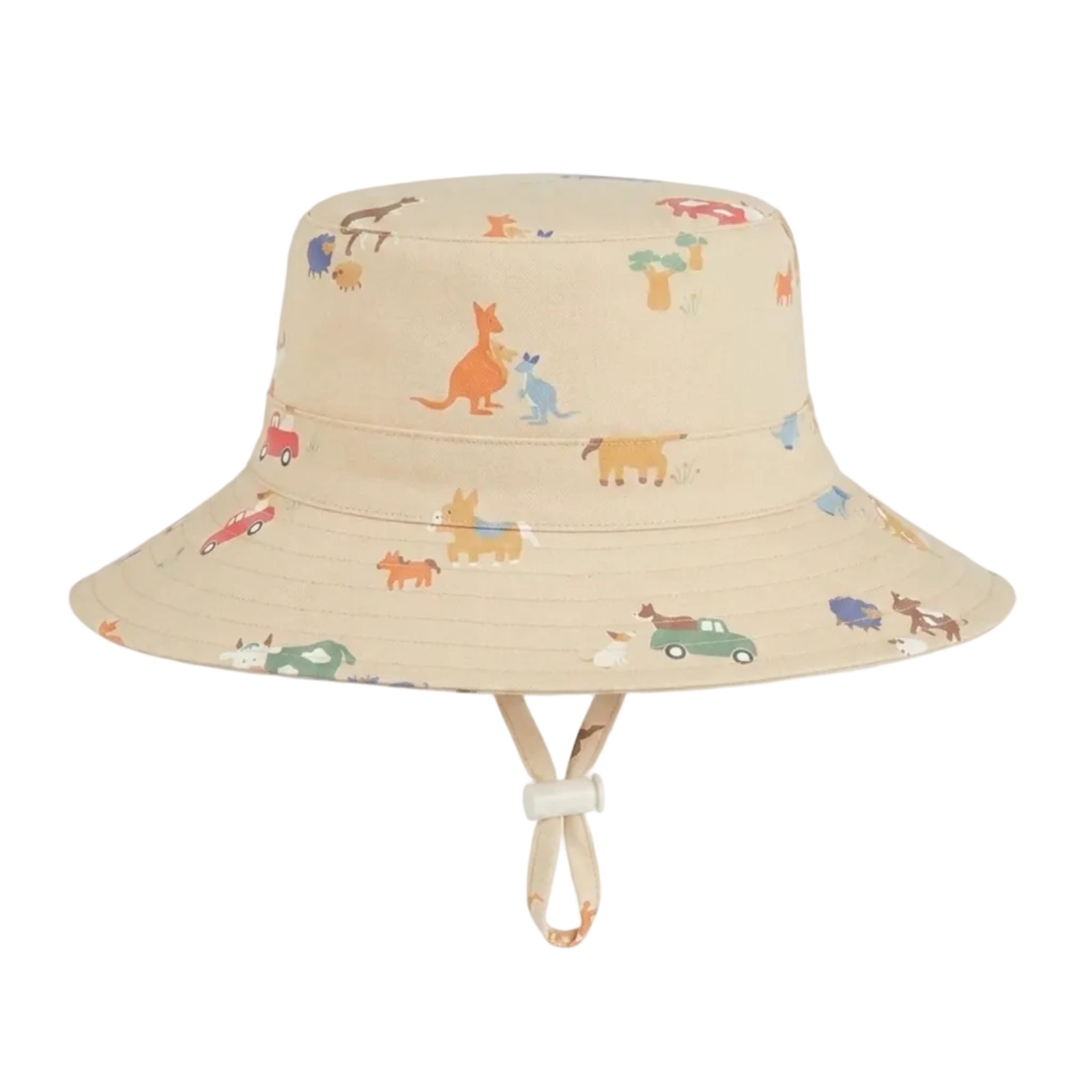 A beige bucket hat with an all-over colorful cartoon animal and vehicle print, featuring a chin strap, shown against a plain light gray background.