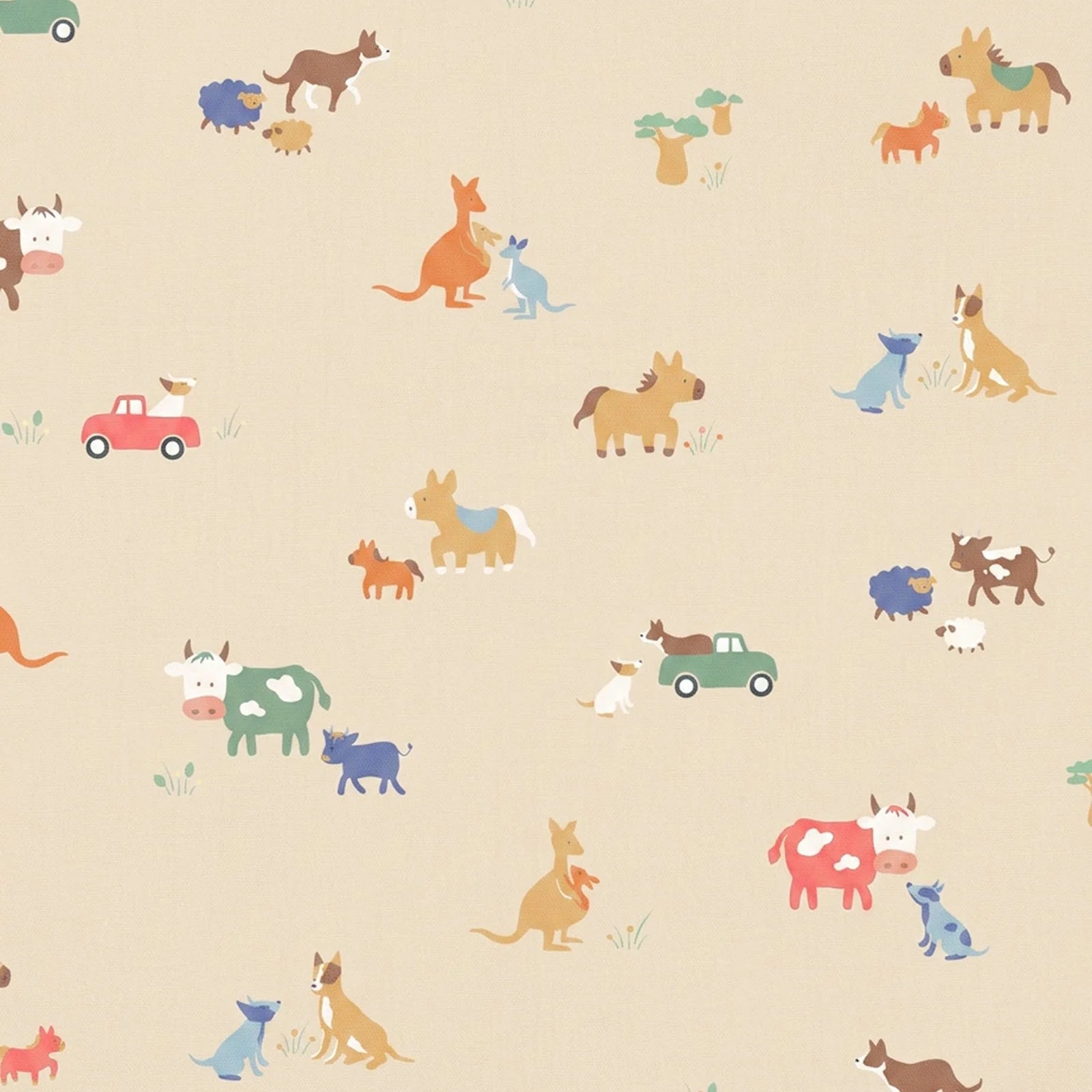 A repeating pattern of whimsical farm animals and kangaroos  on a warm beige background, including cows, dogs, kangaroos, horses, sheep, and small cars in muted pastel and earthy colors.