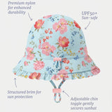 A light blue floral bucket swim sun hat with pink, red, and yellow flowers, shown with text callouts highlighting its features: premium nylon durability, UPF50+ sun safety, structured brim, and adjustable chin toggle.