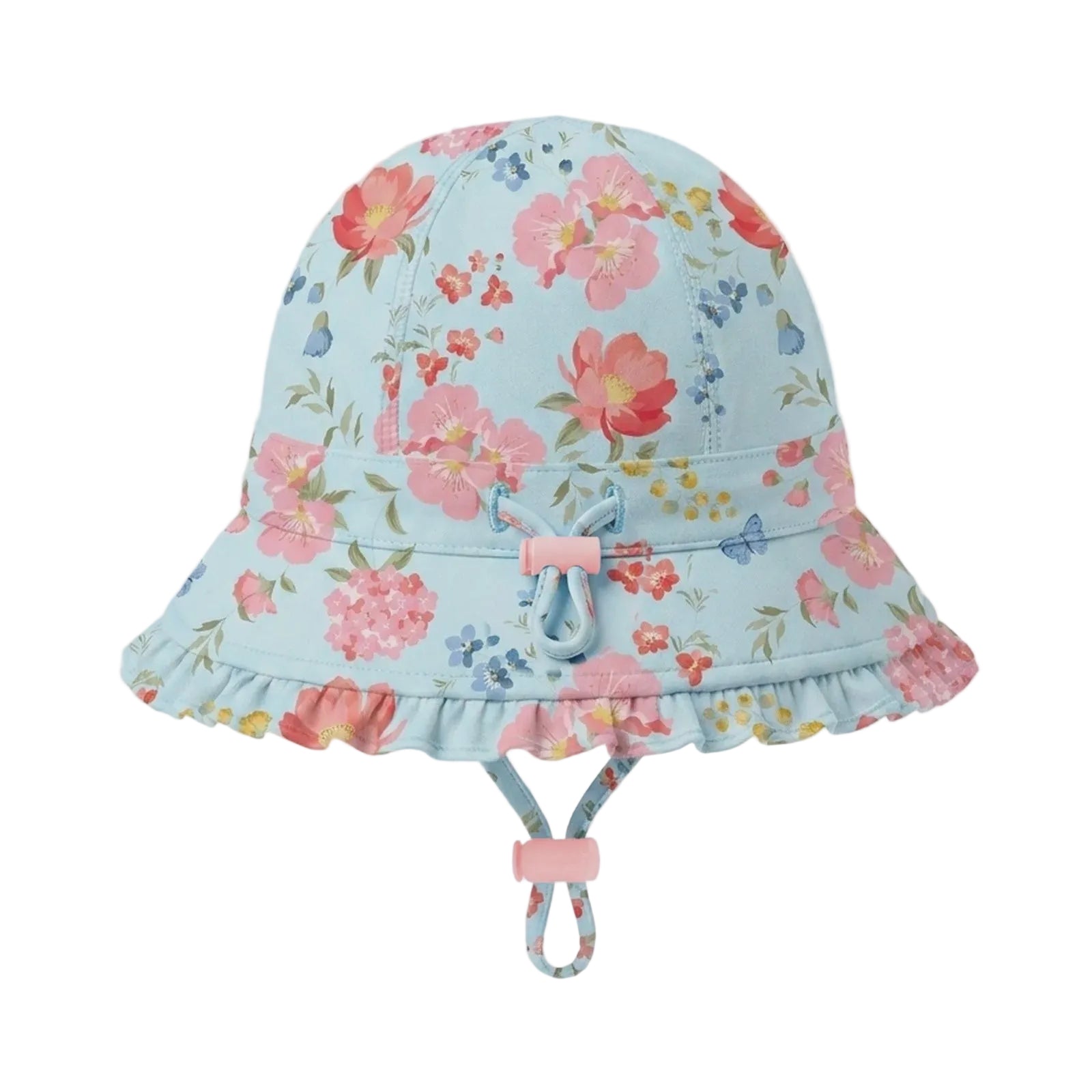 A light blue bucket hat with a pink and red floral pattern, featuring a ruffled brim, a small pink bow, and a matching chin strap, shown against a neutral gray background.
