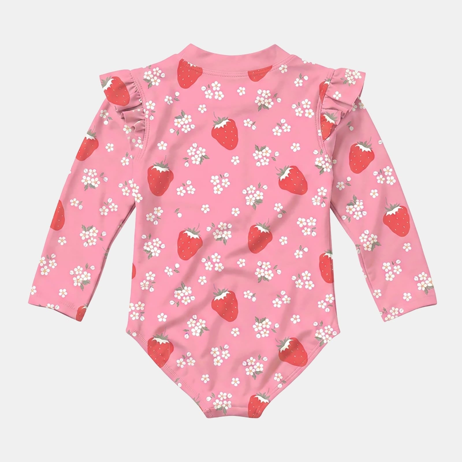 A pink long-sleeve baby bodysuit with a strawberry and white flower print, featuring ruffled shoulder details, shown flat on a light gray background.