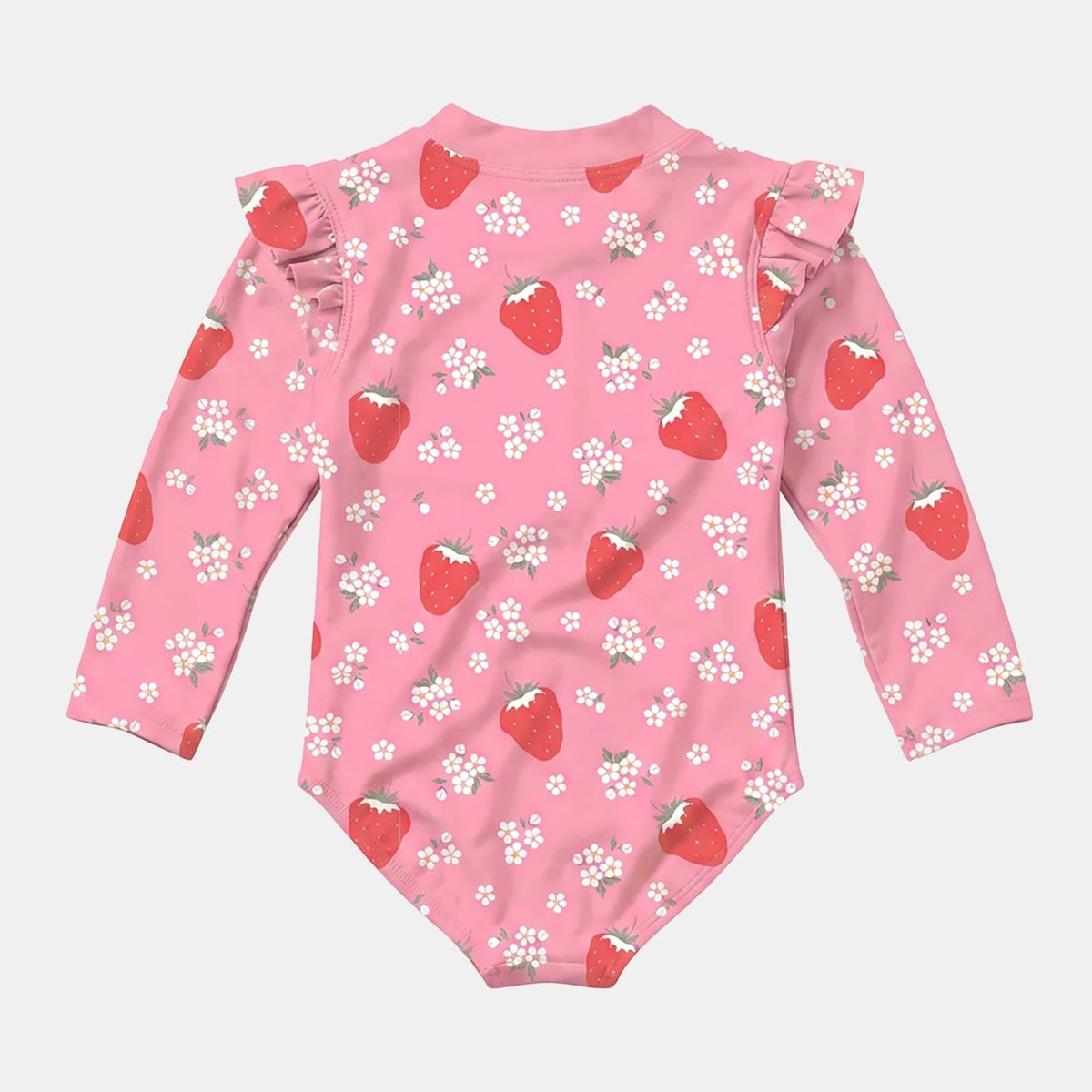 A pink long-sleeve baby bodysuit with a strawberry and white flower print, featuring ruffled shoulder details, shown flat on a light gray background.