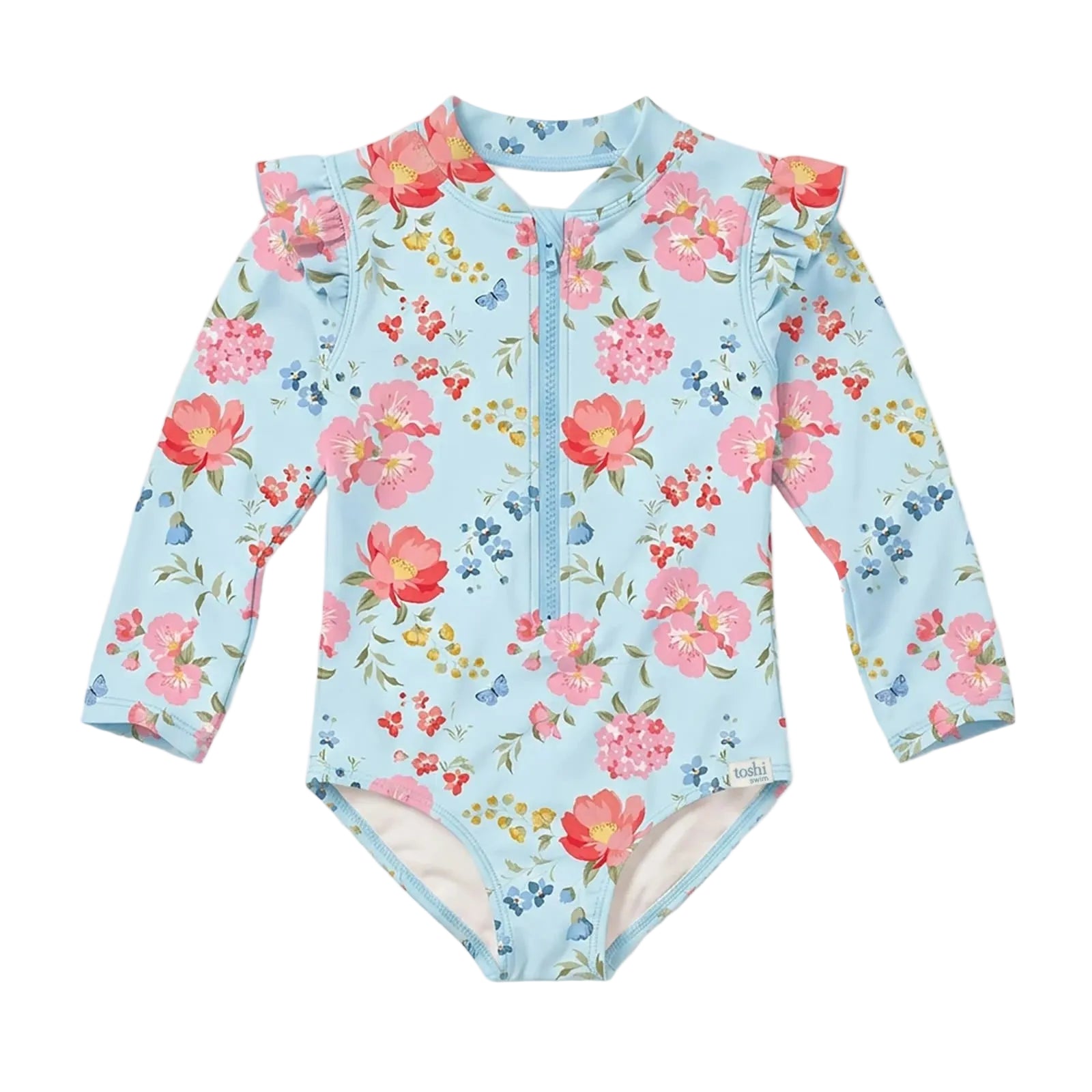 A baby long-sleeve bodysuit with a light blue background and a colorful floral print featuring pink, red, and yellow flowers, shown on a light gray background.
