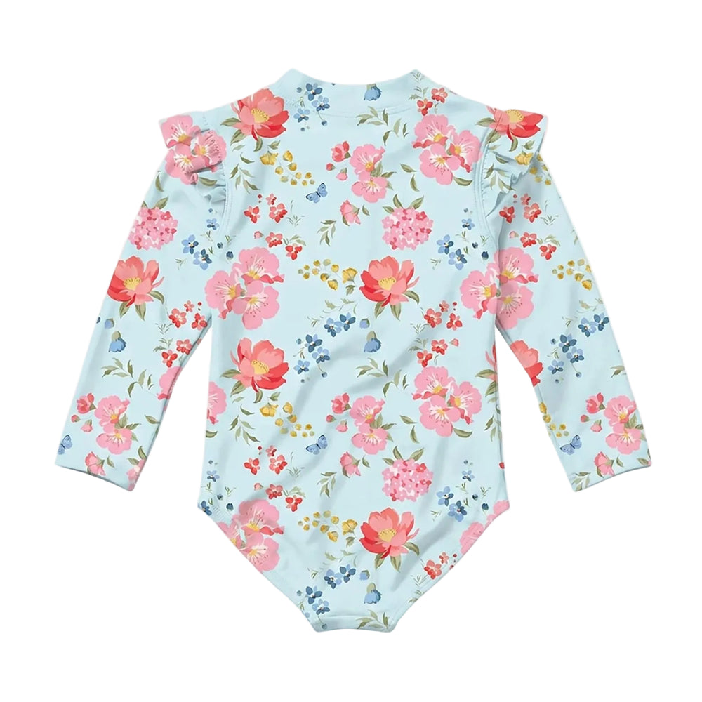 A long-sleeve baby bodysuit with a light blue base and a vibrant floral print featuring pink, red, and blue flowers with green leaves, displayed flat against a light gray background.