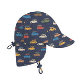 A navy blue sun swim hat with an all-over pattern of colorful vintage cars and surfboards, featuring a chin strap with a carabiner clip, shown on a light gray background.