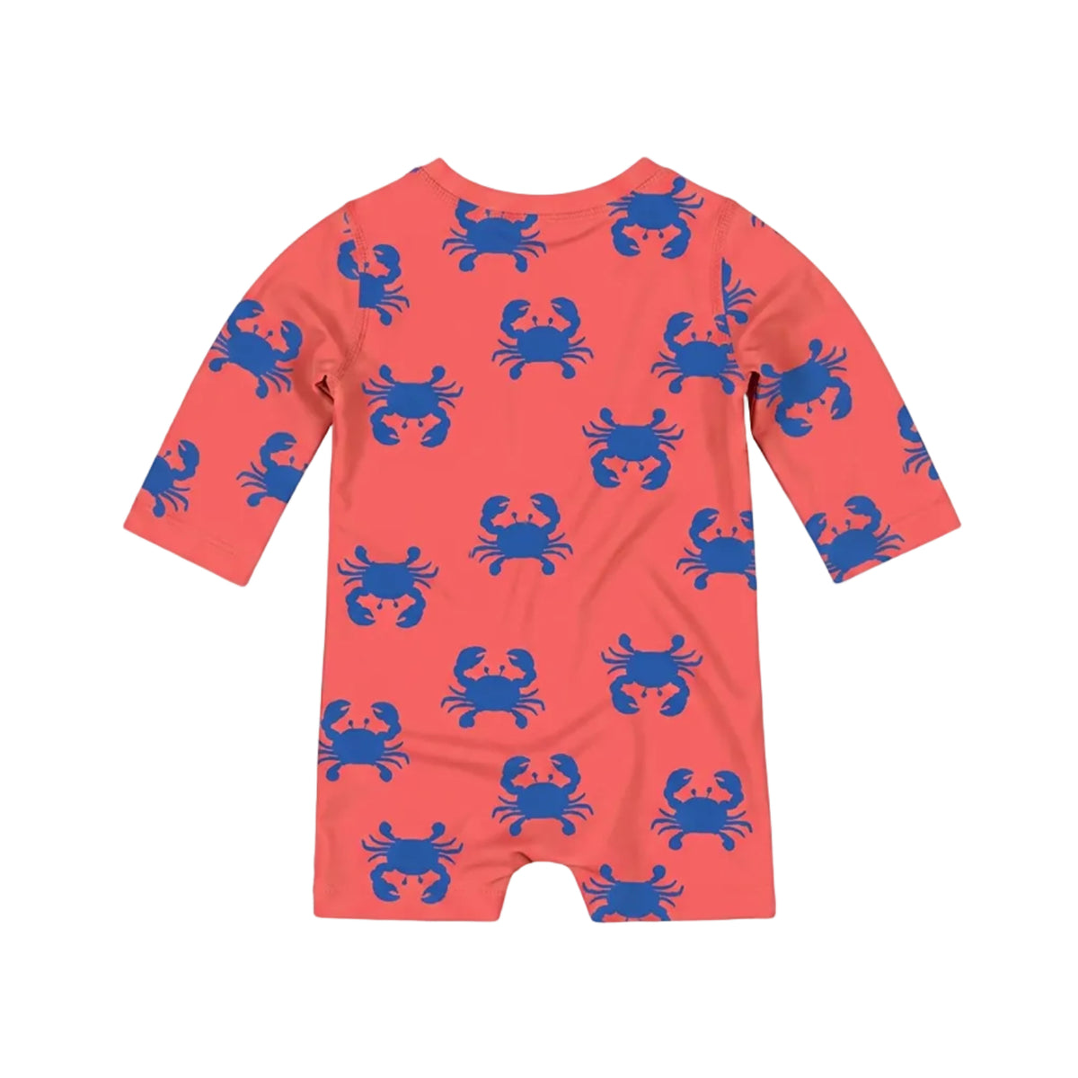 A coral orange long-sleeve baby swim onesie with a blue crab pattern, shown flat against a light gray background.