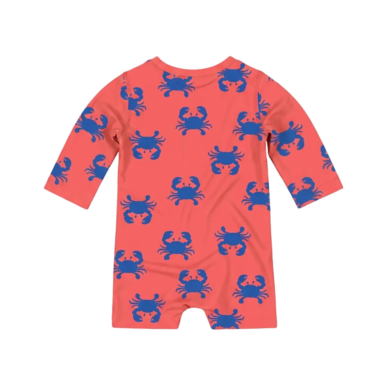 A baby long-sleeve swim onesie in coral orange with a blue crab pattern, featuring a short snap closure and zip at the neck, photographed on a light gray background.