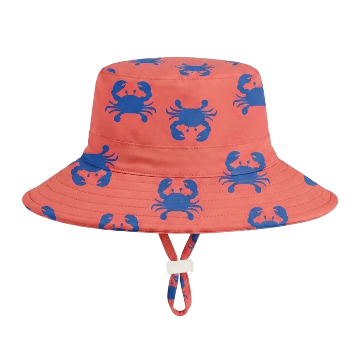 A coral orange bucket swim hat with a blue crab pattern, featuring a matching chin strap, shown against a light gray background.