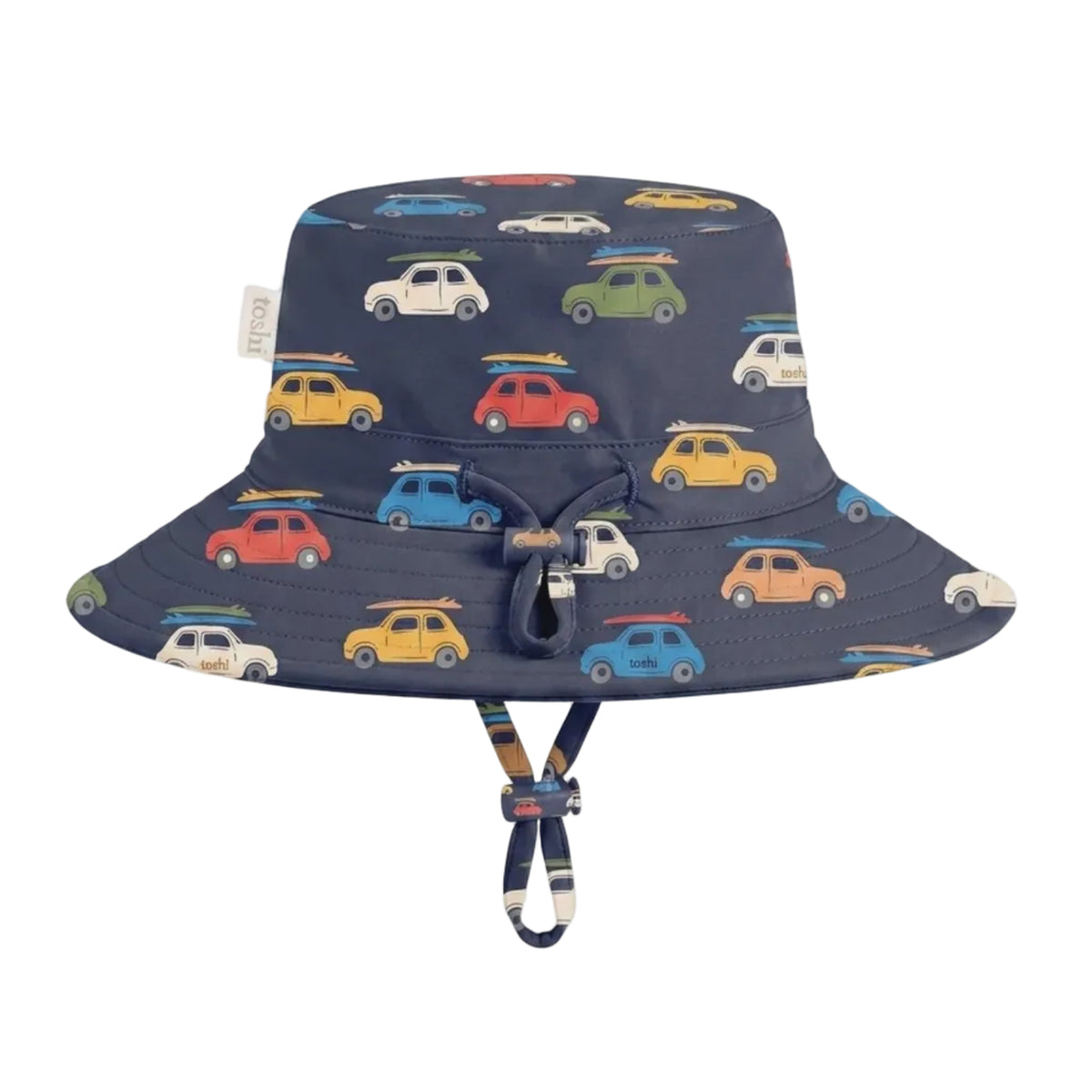 A navy blue swim hat with a colorful pattern of vintage cars on top, featuring a chin strap and drawstring closure, shown against a light gray background.