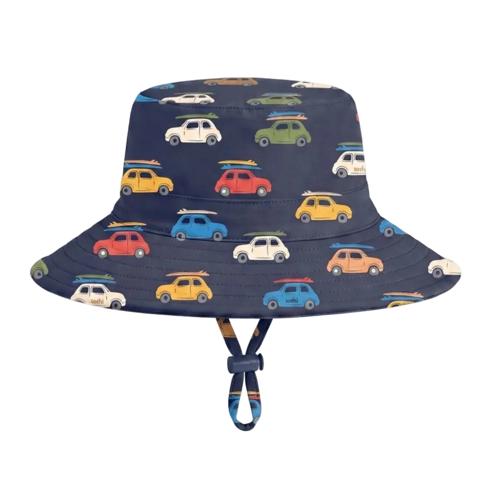 A navy blue swim bucket hat with an all-over pattern of colorful vintage cars in yellow, red, green, blue, and white. The hat features a chin strap with a striped fabric accent.