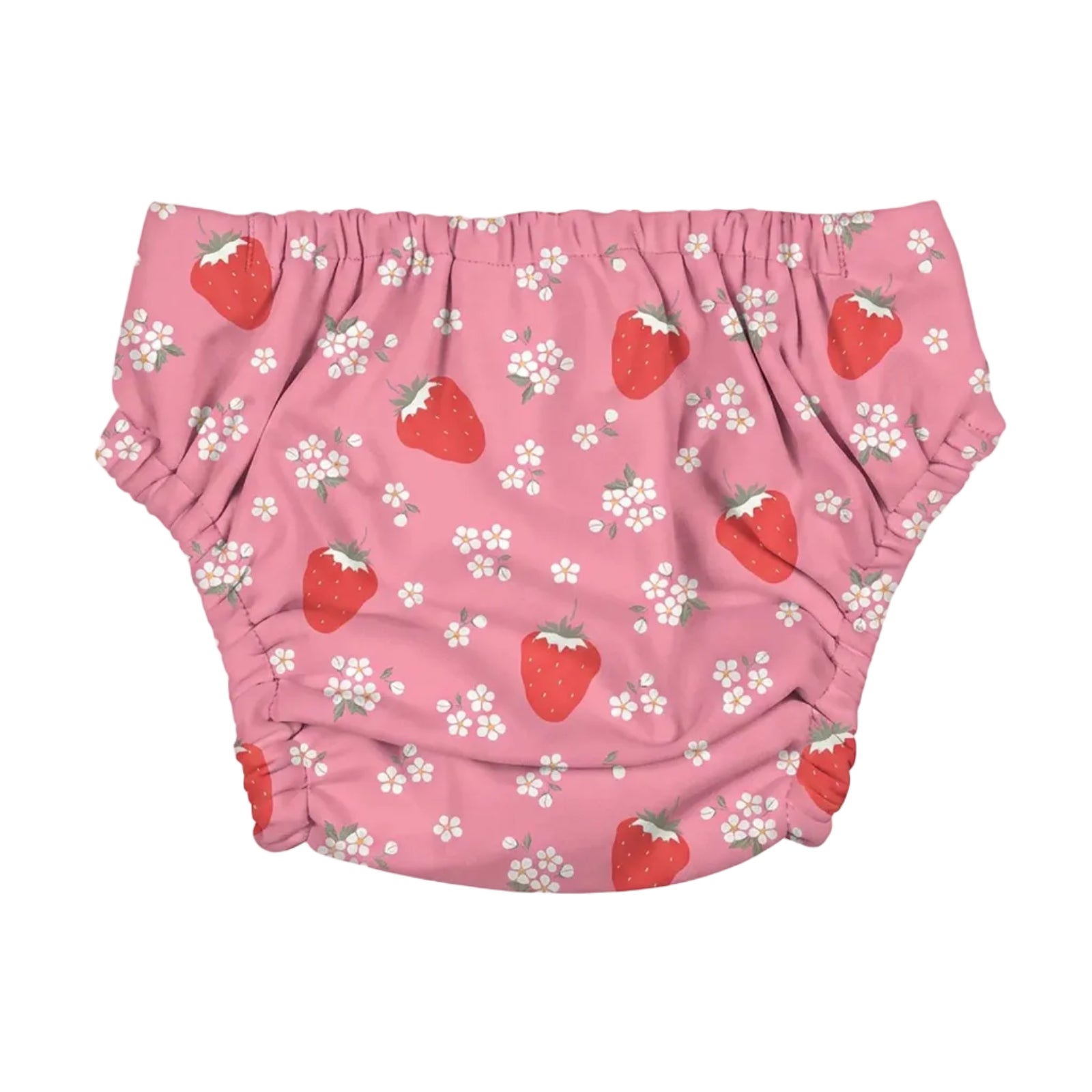 Pink reusable cloth swim nappy with a pattern of red strawberries and small white flowers, shown flat against a light gray background.