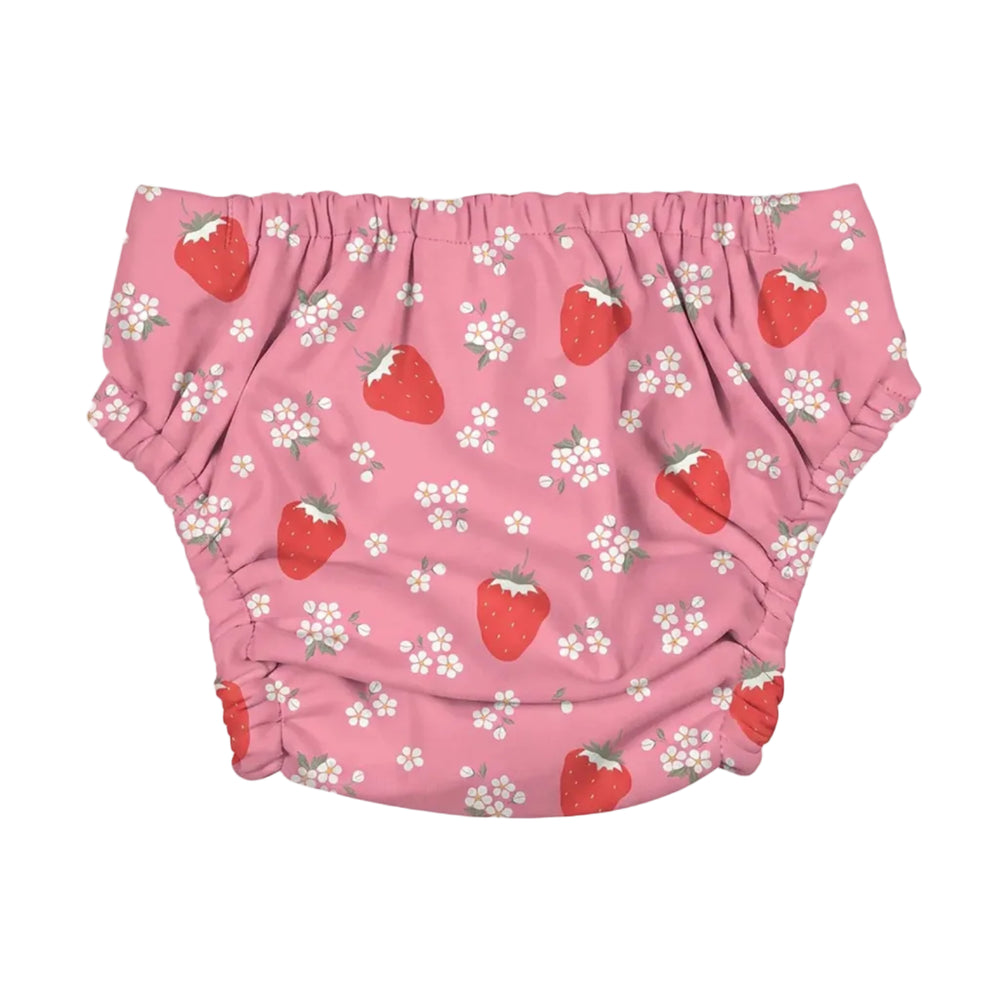 Pink reusable cloth swim nappy with a pattern of red strawberries and small white flowers, shown flat against a light gray background.