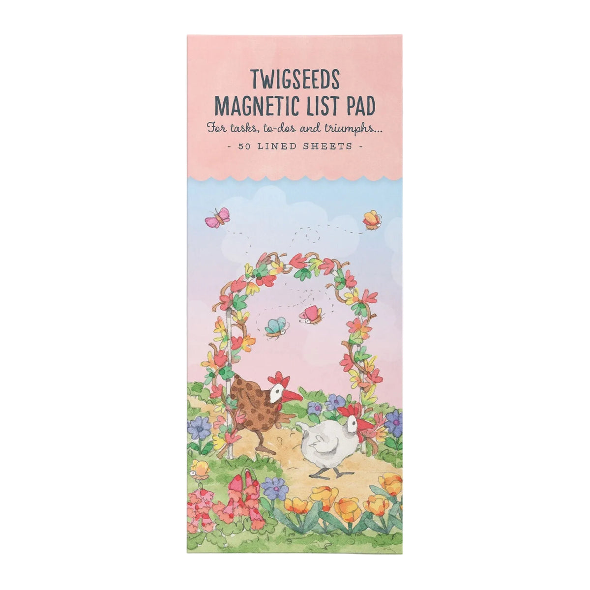 Twigseeds magnetic list pad with chickens and flowers on a pink background