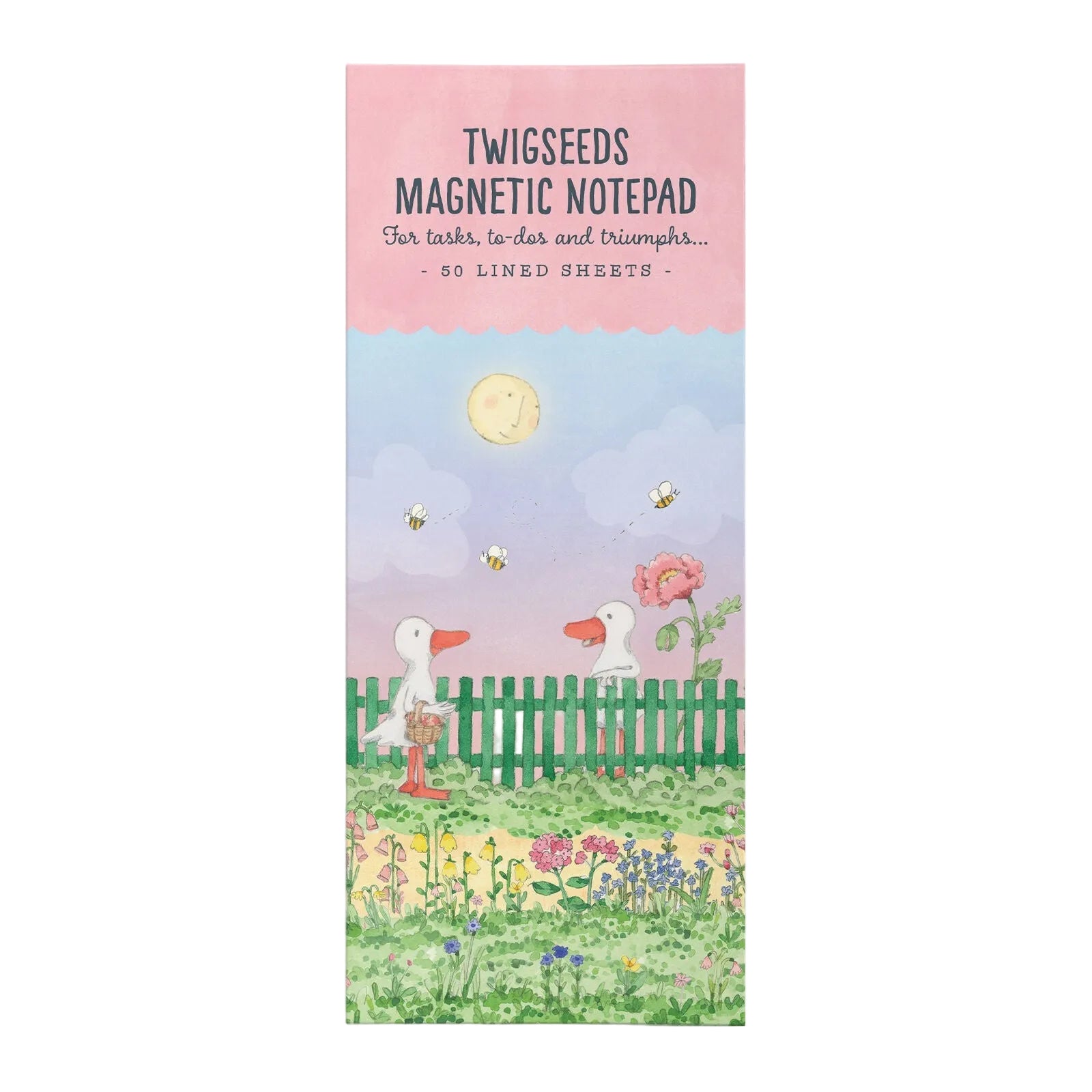 A tall, narrow notepad cover with whimsical duck, flower, and bee illustrations on a pastel background. The top reads 'TWIGSEEDS MAGNETIC NOTEPAD' and 'For tasks, to-do and triumphs.