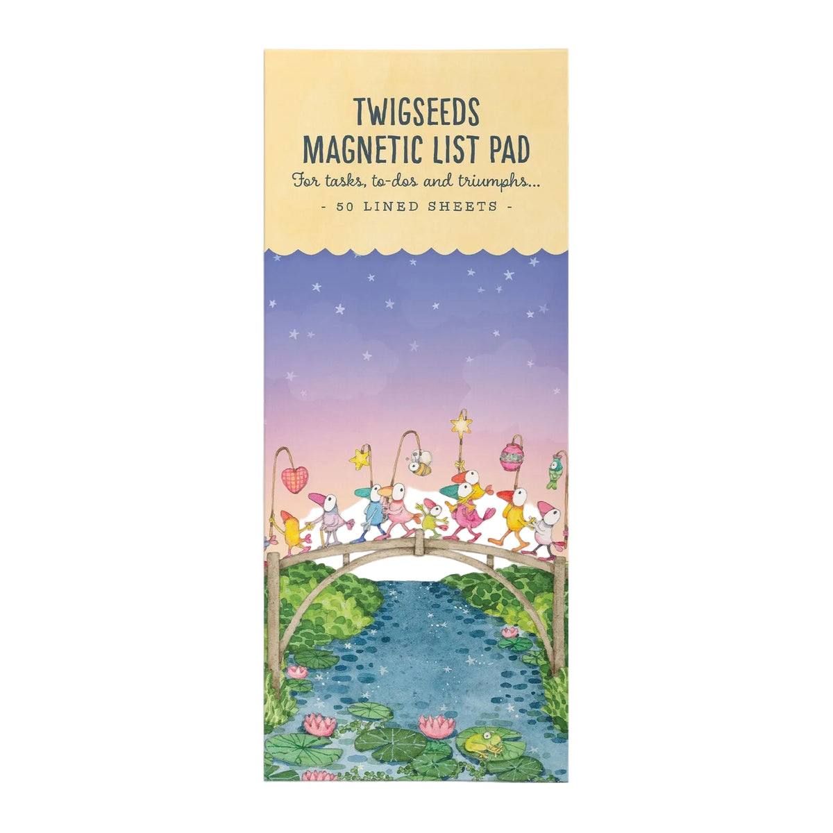 Twigseeds magnetic list pad with colorful illustration of animals crossing a bridge over water.