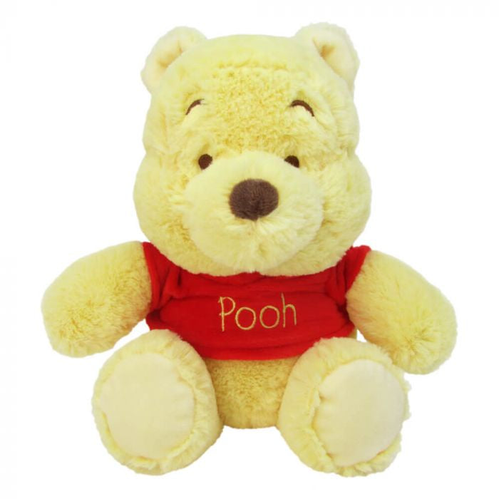 Plush Winnie the Pooh (disney) bear toy with a red shirt labeled 'Pooh' on a white background