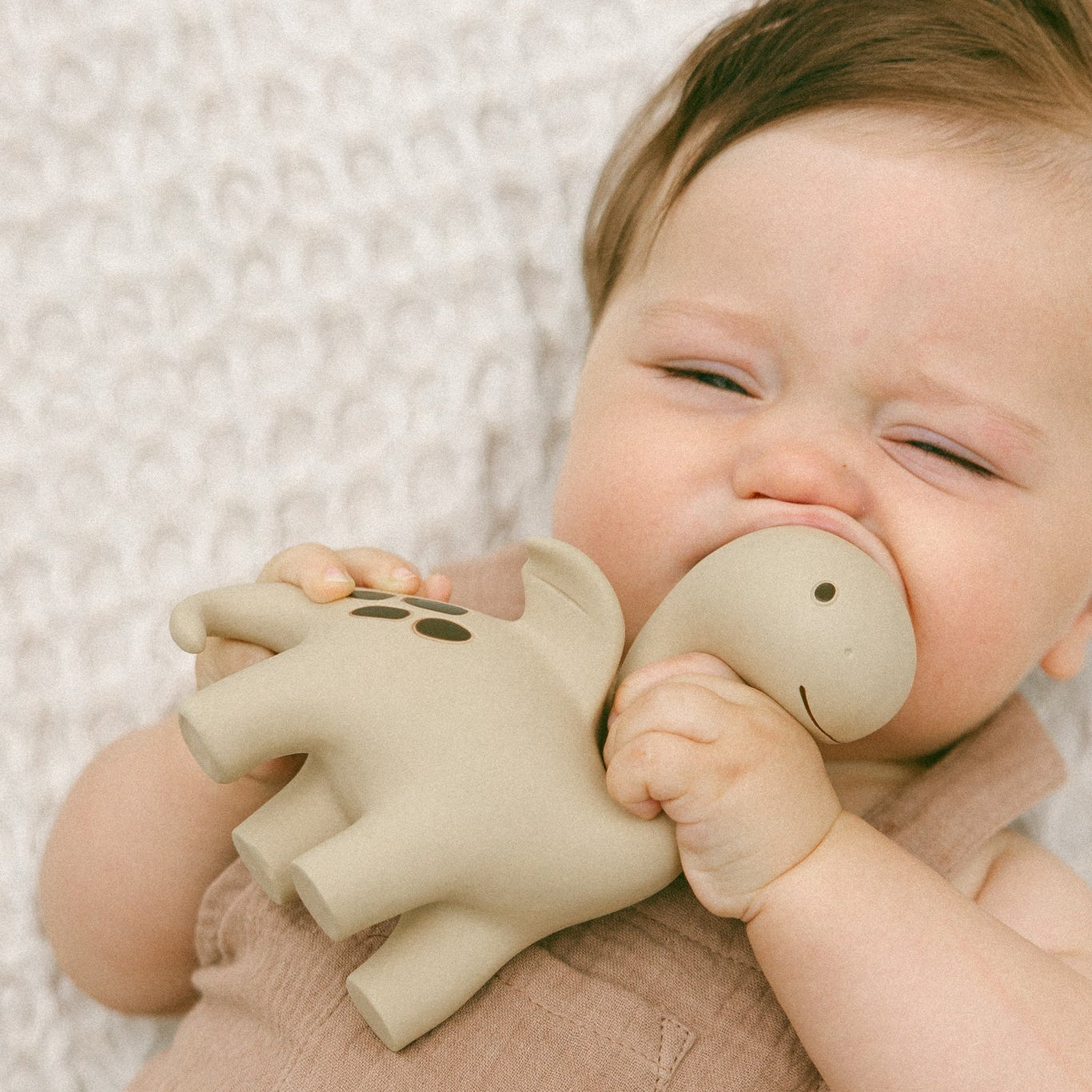 Baby holding a dinosaur teething toy against a textured white background