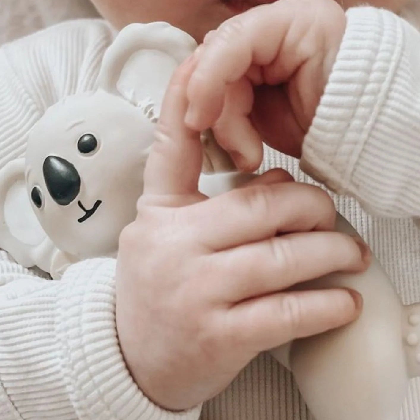 Baby's hands holding a koala teether
