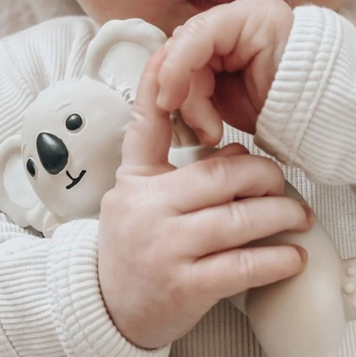 Baby's hands holding a koala teether