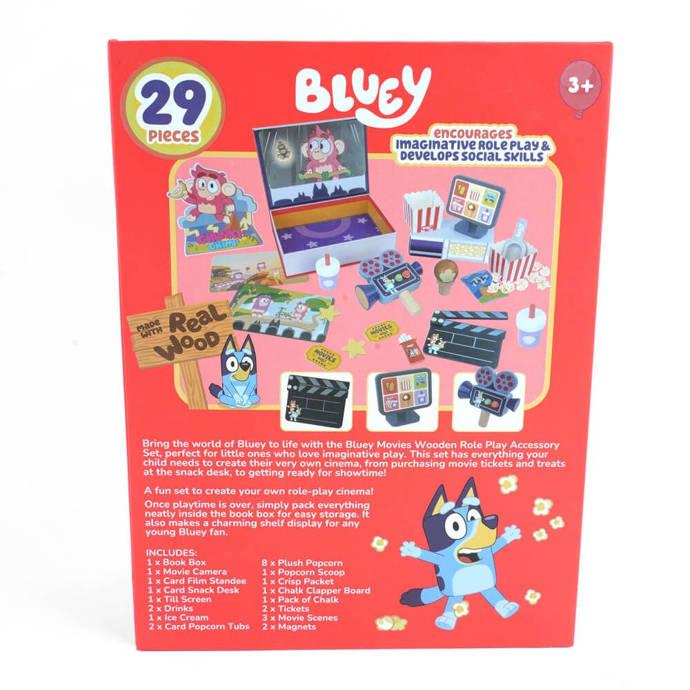 Bluey movie wooden role play accessory set packaging with character illustration and product details.