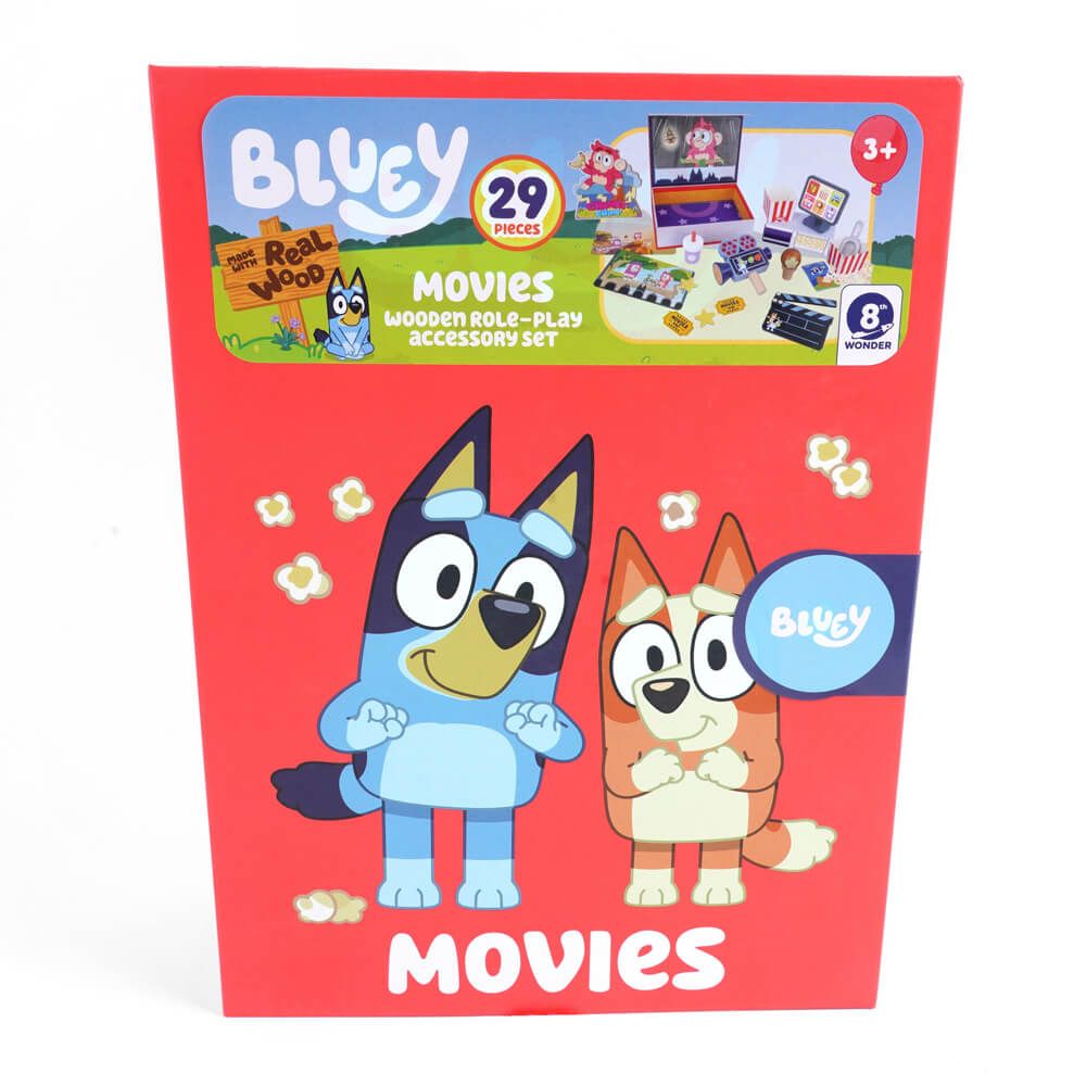 Bluey toy movie set with projector, cinema-themed items, and character figures on a white background