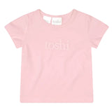 Pink t-shirt with 'toshi' branding on a light gray background