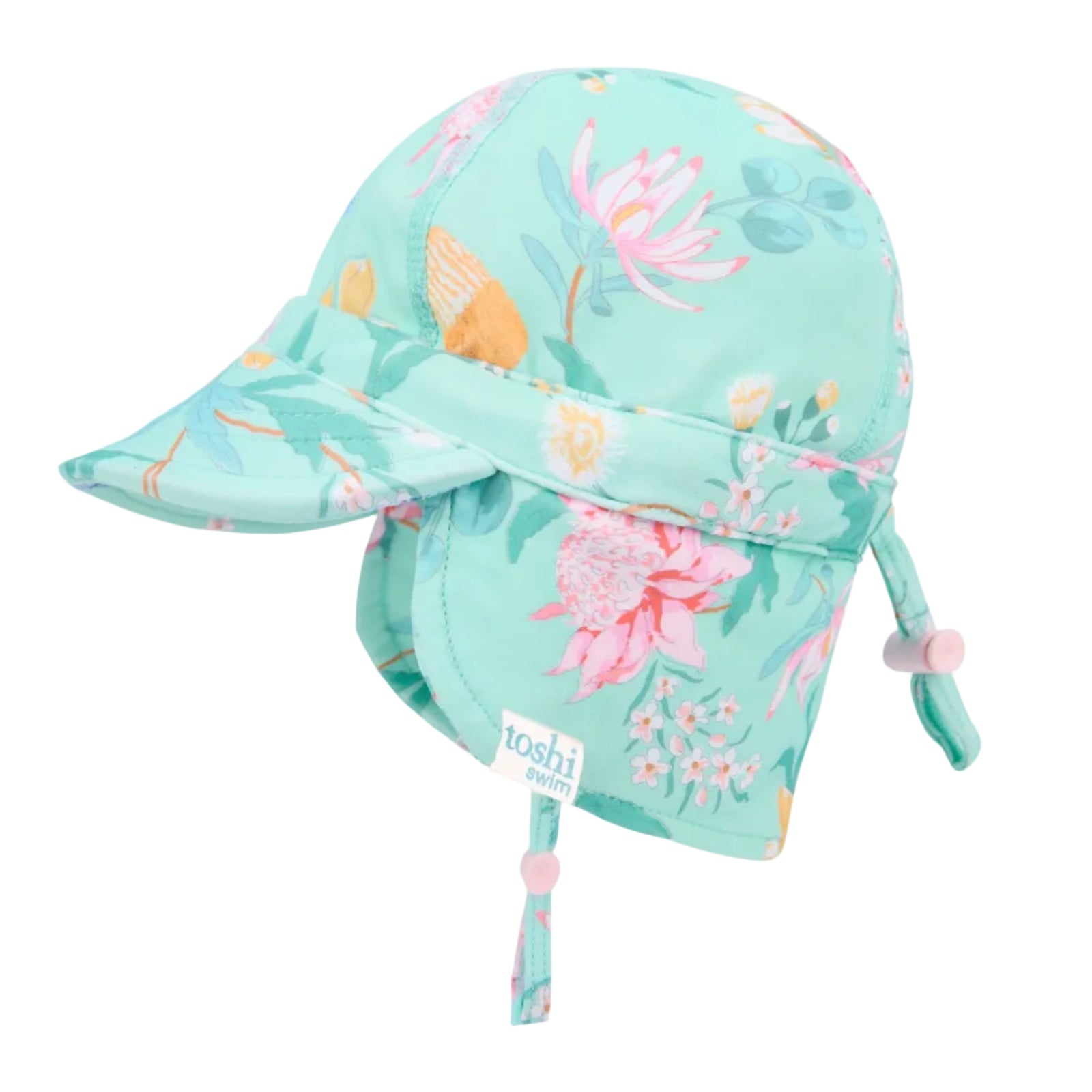Floral-patterned sun swim hat with UPF 50+ label on a white background