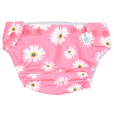 Pink swim nappy with daisy pattern on a white background