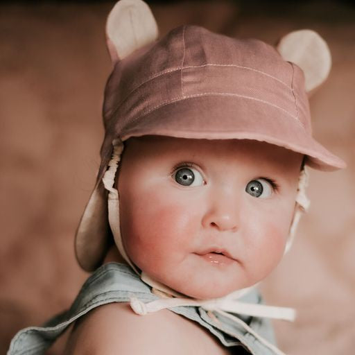 Bedhead | Baby Reversible Teddy Flap Sun Hat - (Rosa / Flax)