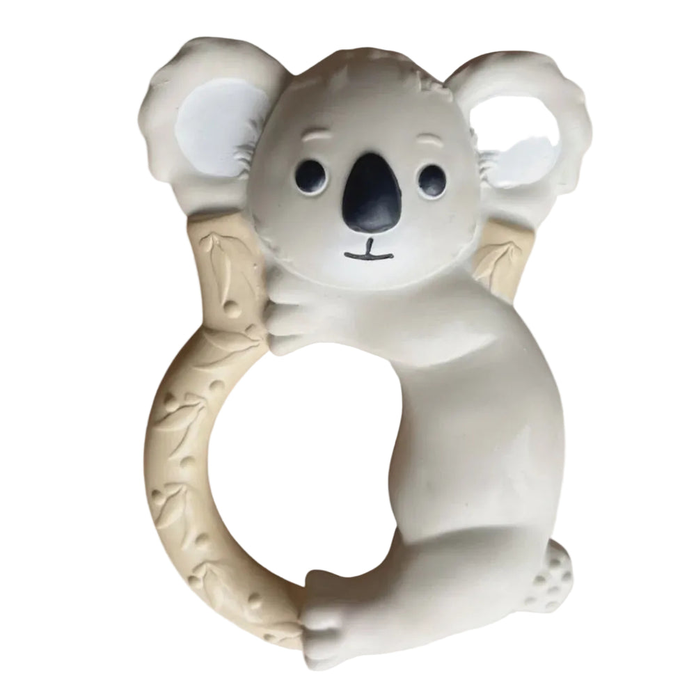 A natural rubber teether toy shaped like a koala with multiple textures for teething.