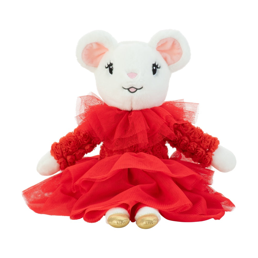 A plush Claris doll with a red tulle gown, white body, and gold shoes, featuring embroidered details and a bow.