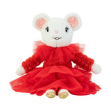 A plush Claris doll with a red tulle gown, white body, and gold shoes, featuring embroidered details and a bow.