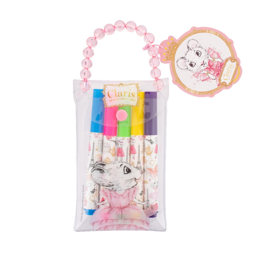 set of 5 texta pens in a clear pouch with pink beaded handle with an image of Claris on the pouch