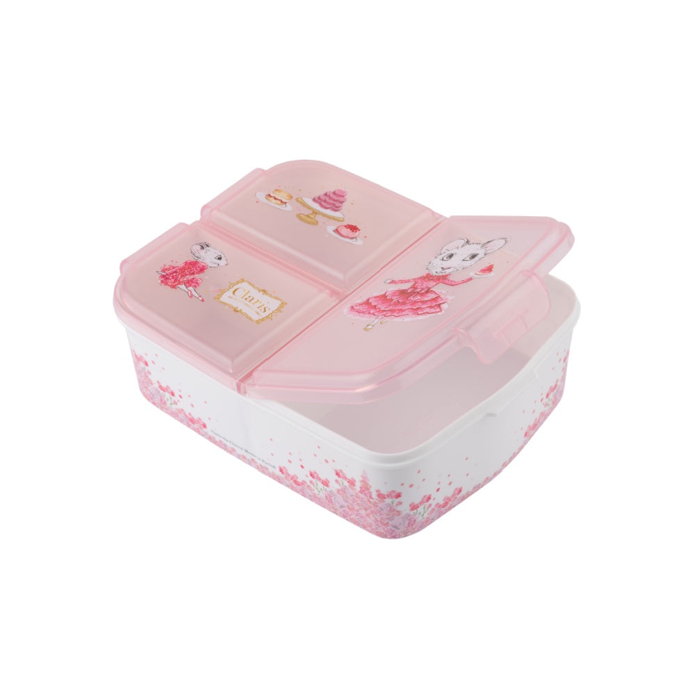 A pink and clear Claris Compartment Lunch Box with multiple compartments and decorations.