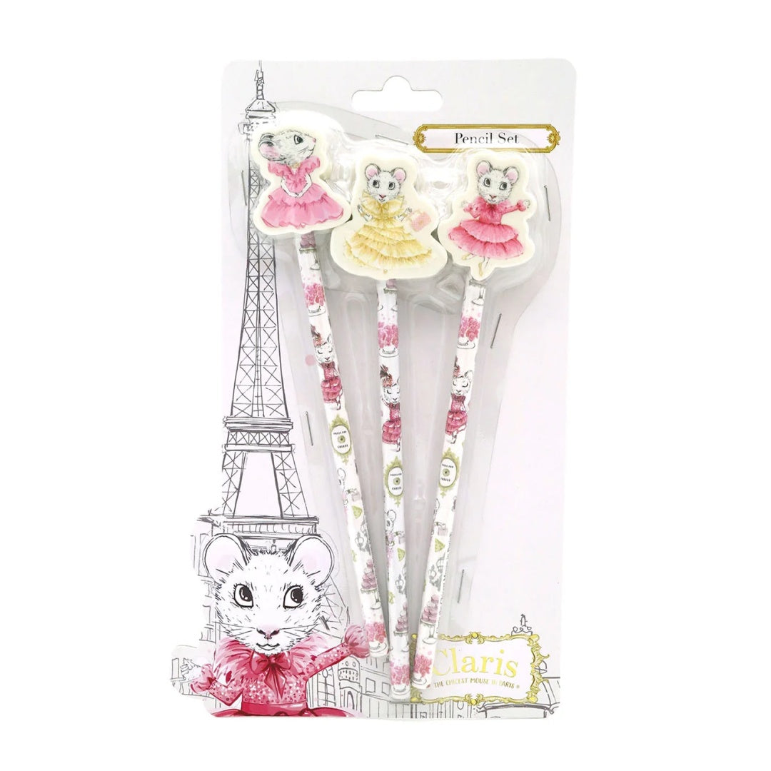 Set of 3 claris printed pencils with claris erasers on top of each pencil

