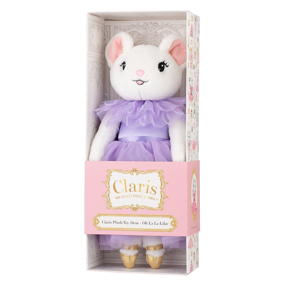 Claris the Mouse plush toy in a lilac dress