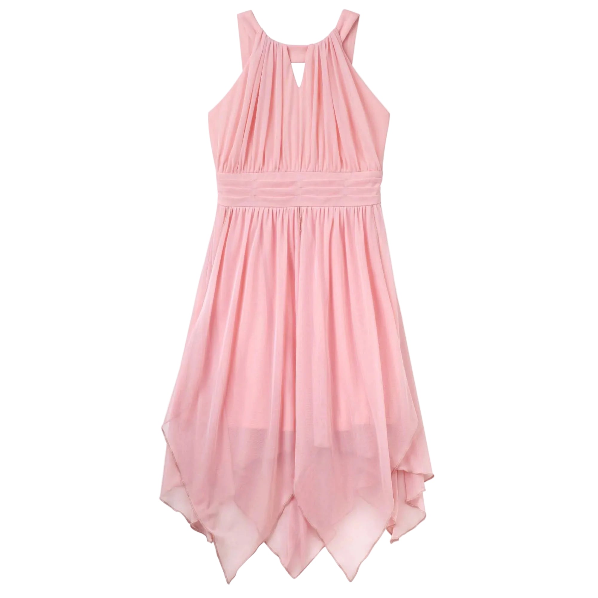 Soft peachy pink chiffon dress with handkerchief hem