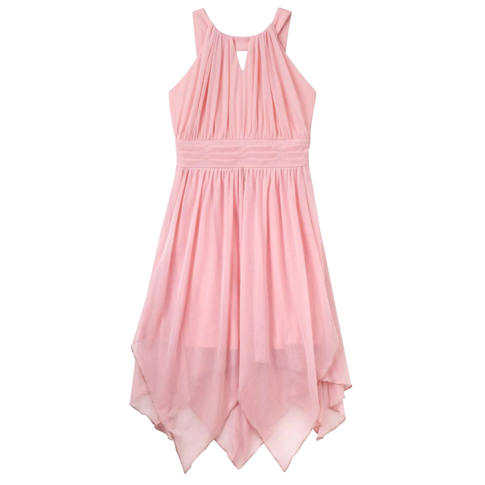 Soft peachy pink chiffon dress with handkerchief hem