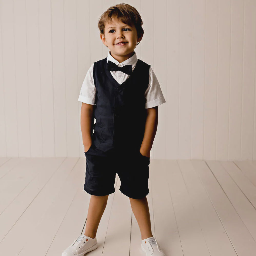 Designer Kidz | Finley/Toby Linen Bow Tie - (Navy)