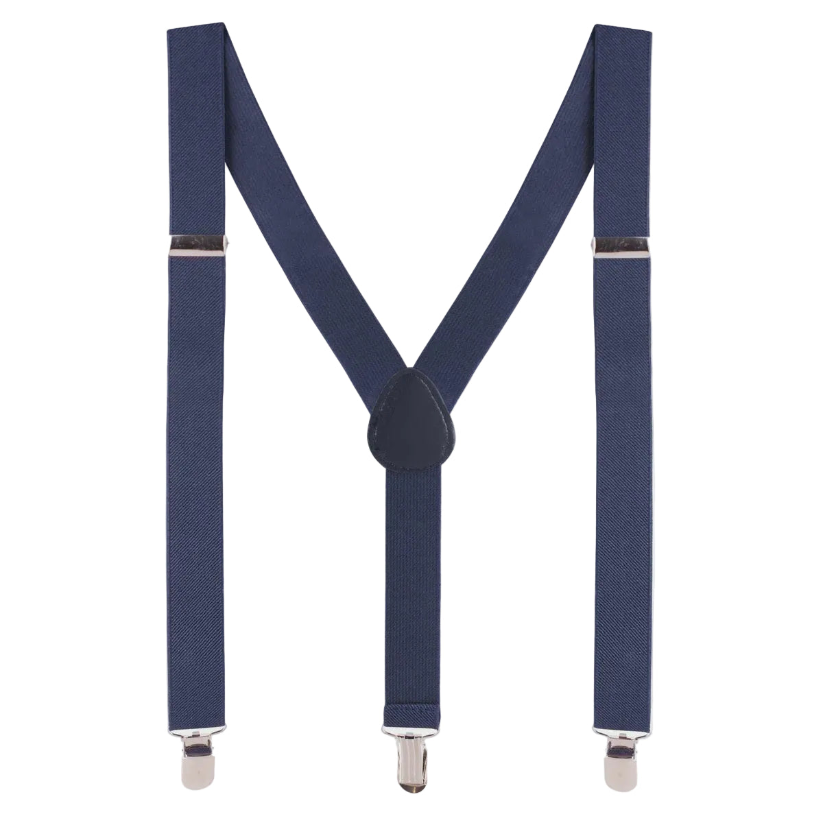 Navy blue suspenders with a Y-back design and clip-on attachments, suitable for children's formal wear.