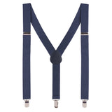Navy blue suspenders with a Y-back design and clip-on attachments, suitable for children's formal wear.