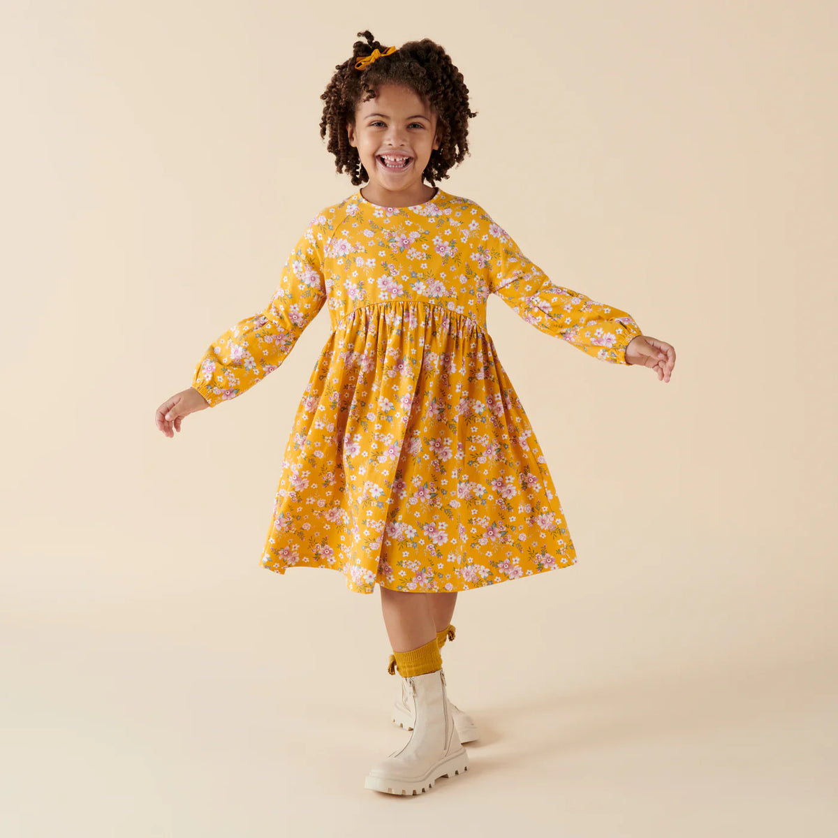 Millie Floral Poodle Long Sleeve Dress - Honey Gold