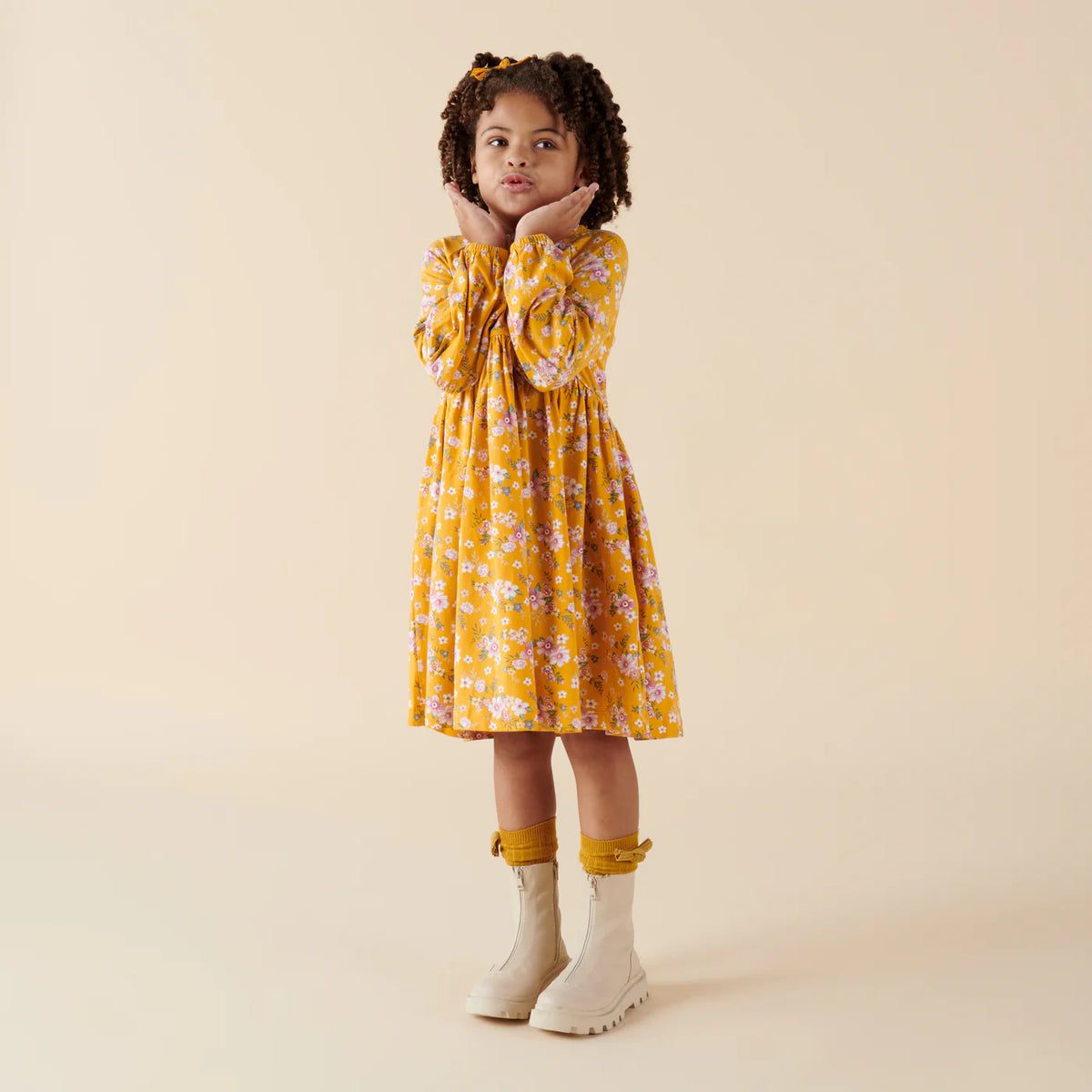 Millie Floral Poodle Long Sleeve Dress - Honey Gold