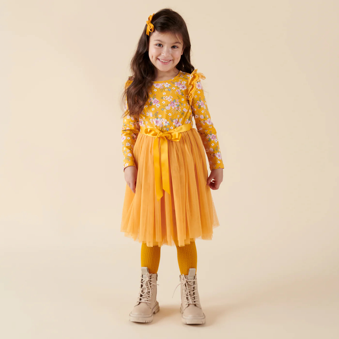 Millie Floral Long Sleeve Tutu Dress - Honey Gold